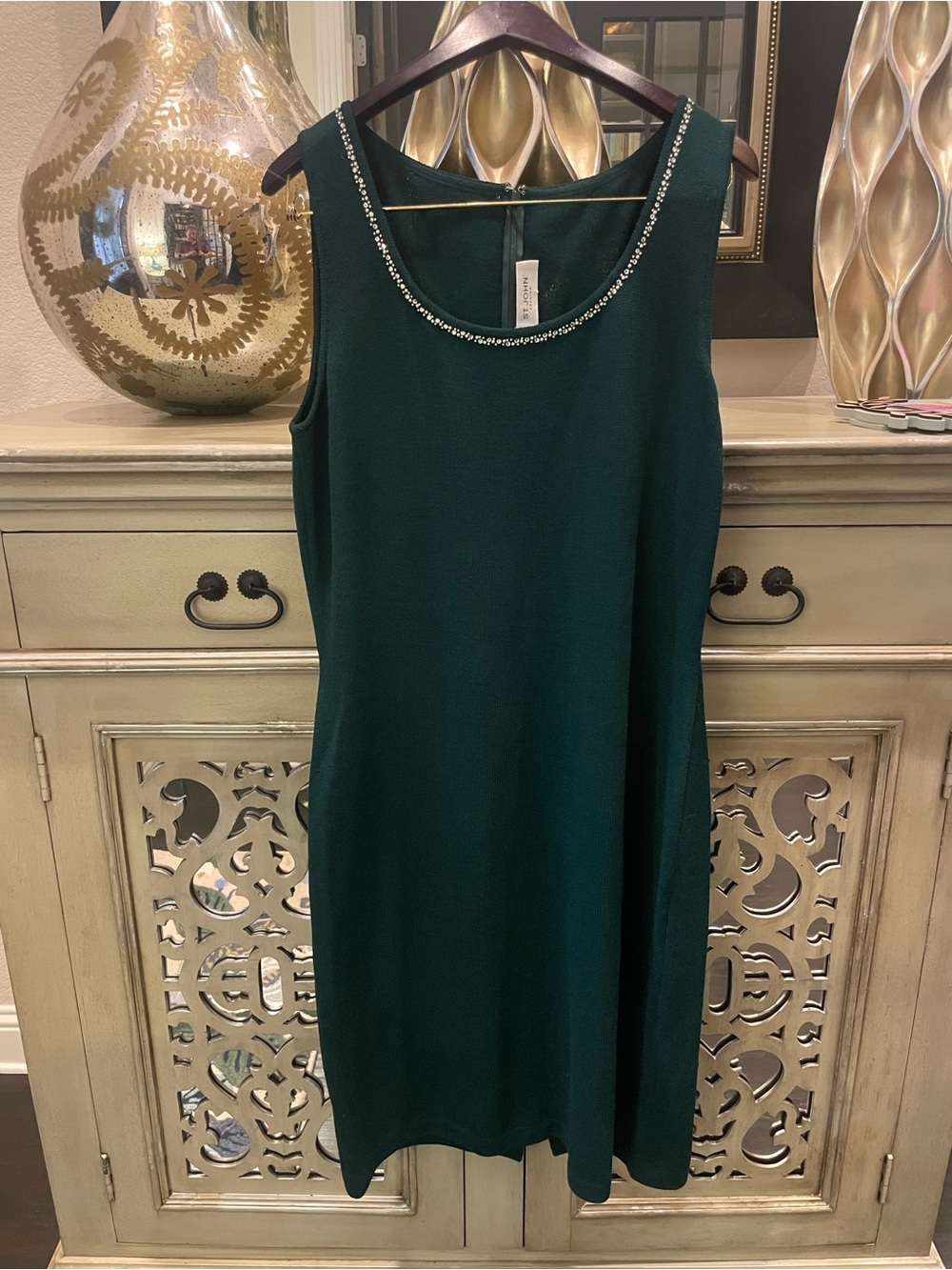 St John Embellished Scoop Neck Forest Green Sleeveless Dress
